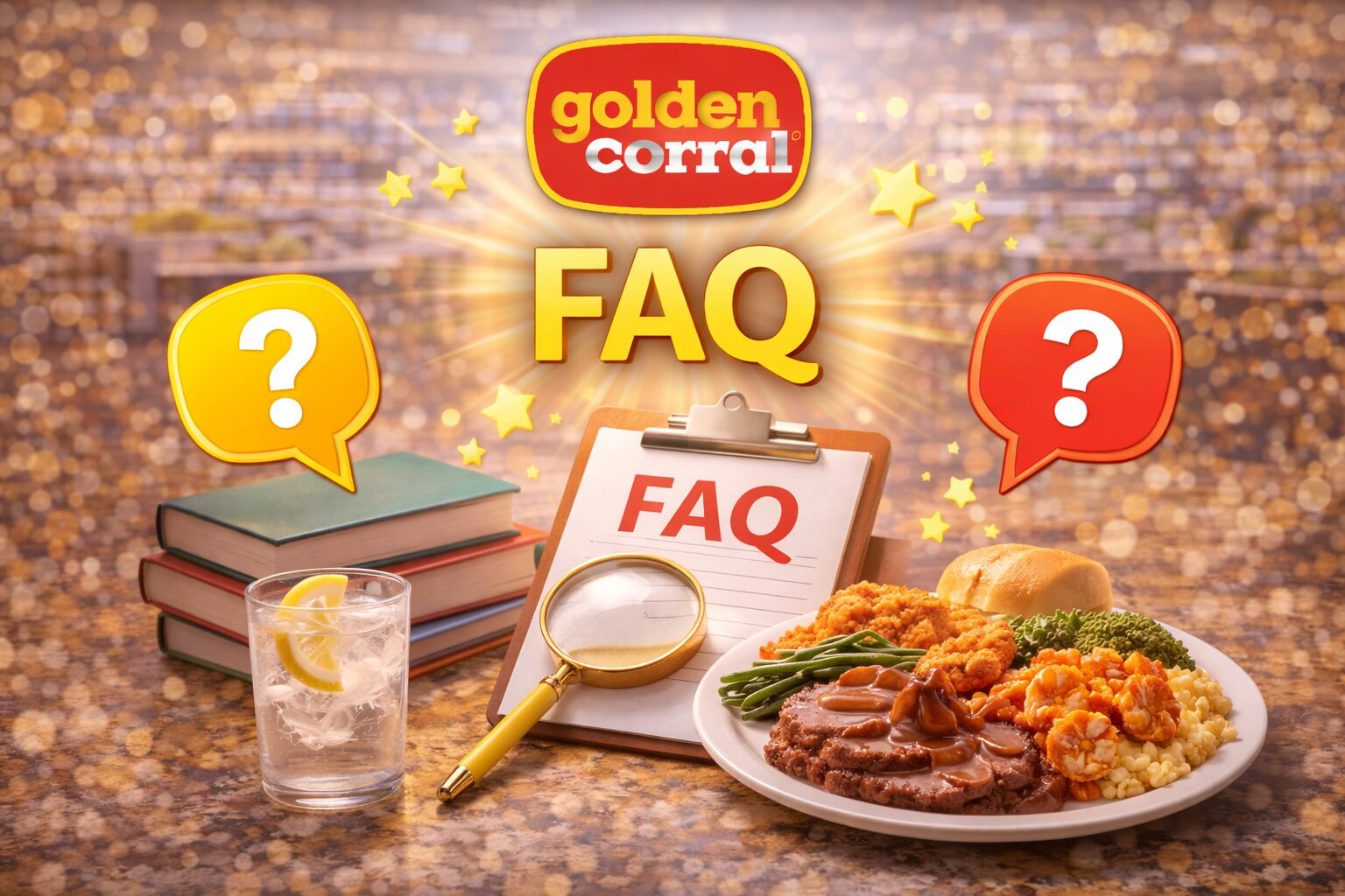 How Much Is Golden Corral for Adults in 2026? 4 Golden Corral FAQ banner with a clipboard, magnifying glass and a plate of buffet food