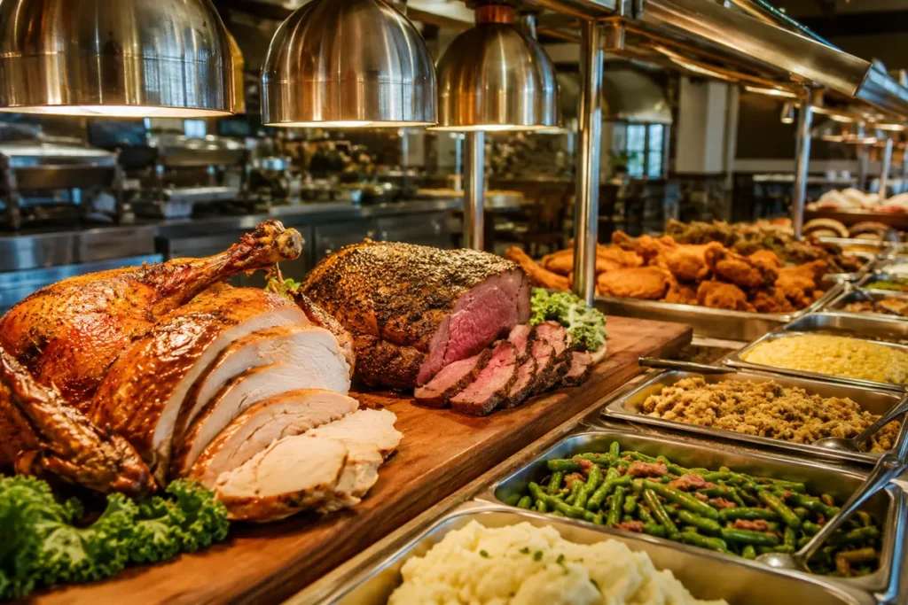Is Golden Corral Worth It in 2026? An Honest Cost vs Value Verdict 2 Hot buffet carving station with sliced turkey and sirloin beef under heat lamps, alongside trays of fried chicken and side dishes in a warm restaurant setting.