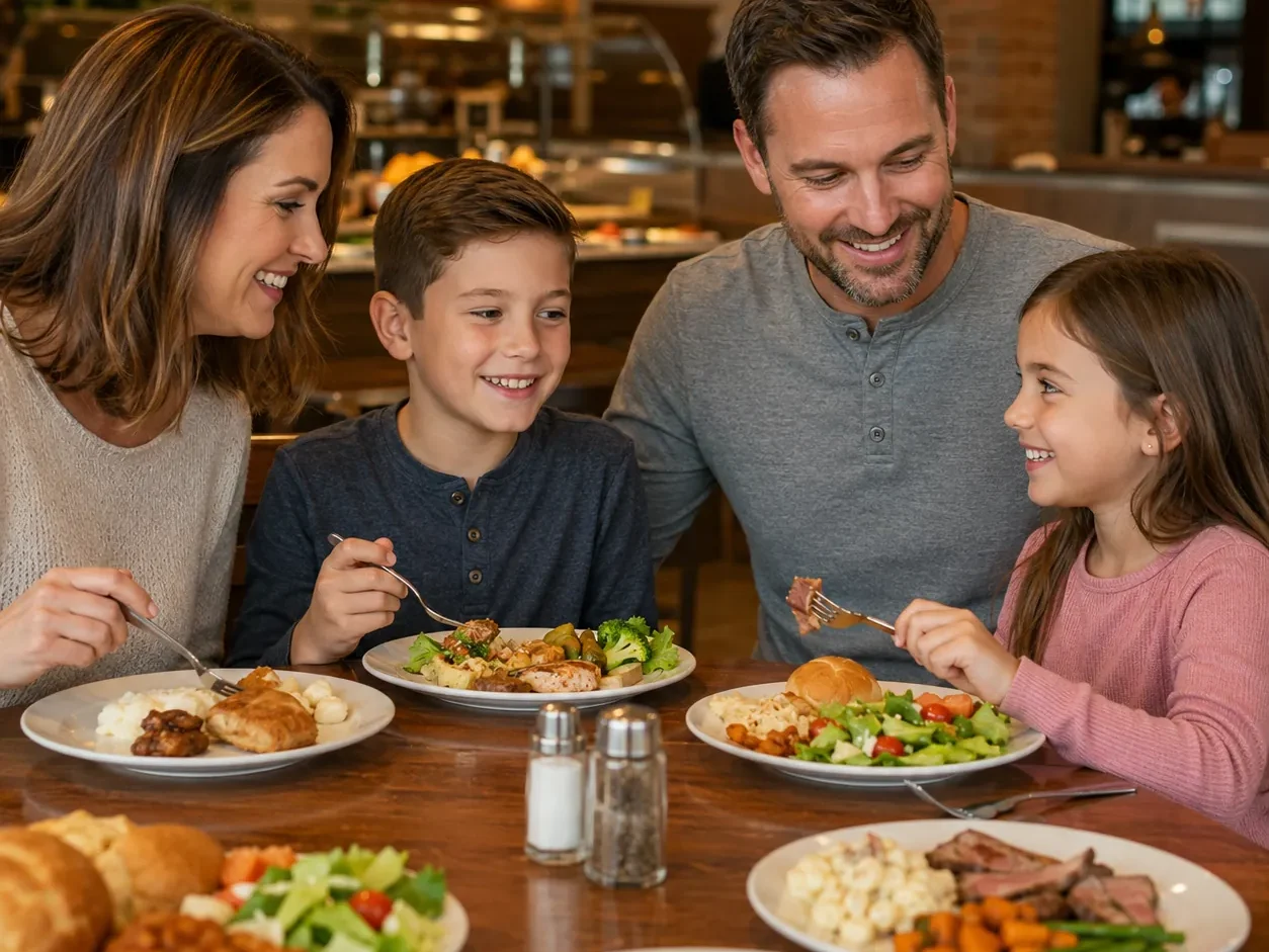 Is Golden Corral Worth It in 2026? An Honest Cost vs Value Verdict 3 Happy family of four enjoying a buffet meal together at a restaurant table with multiple dishes, smiling in a warm and relaxed dining atmosphere.