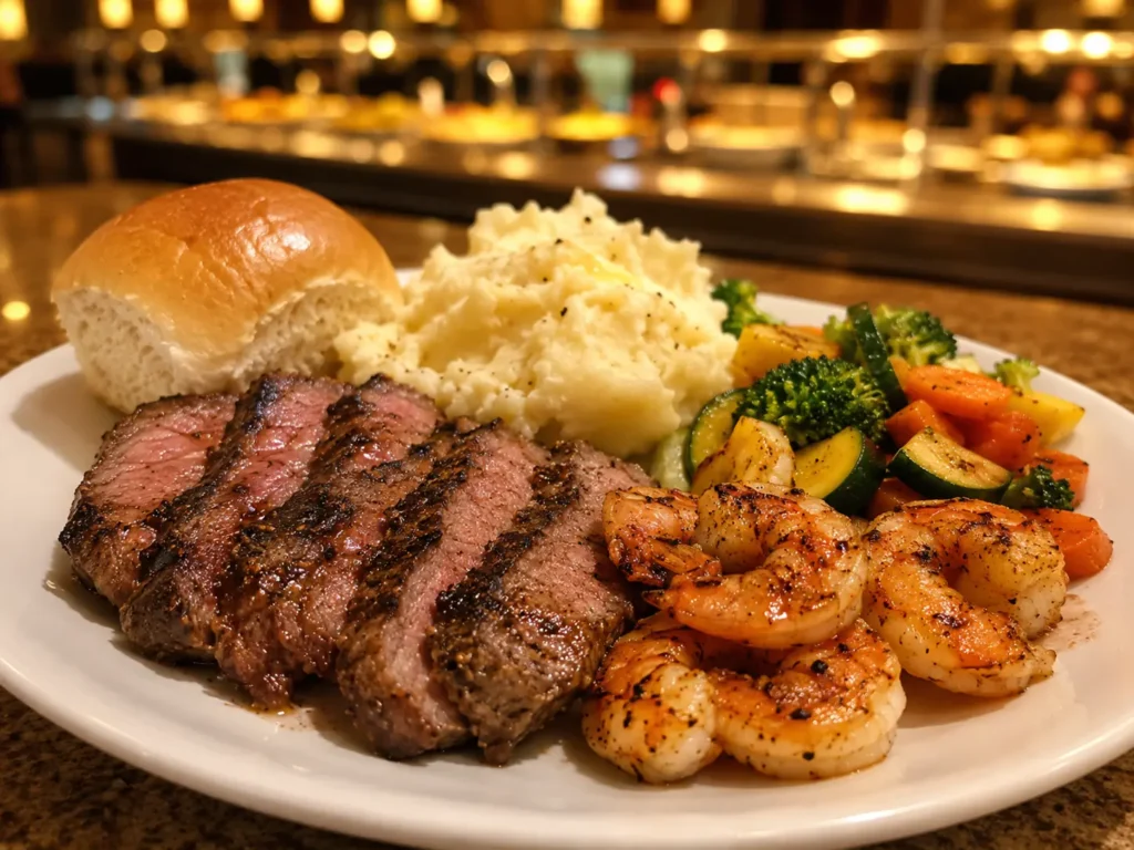 Why Is Golden Corral So Cheap? The Real Reason Behind the Low Price 3 A full plate of steak, shrimp and sides showing the value at Golden Corral