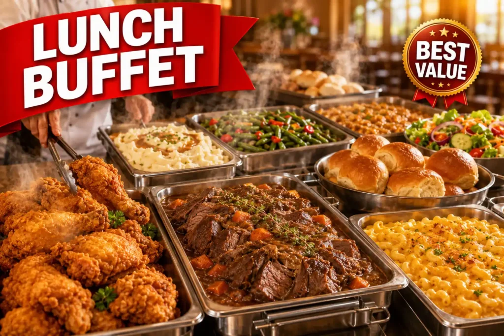 Golden Corral Menu With Prices 2026 (Full Item List) 3 Golden Corral lunch buffet with fried chicken and hot sides