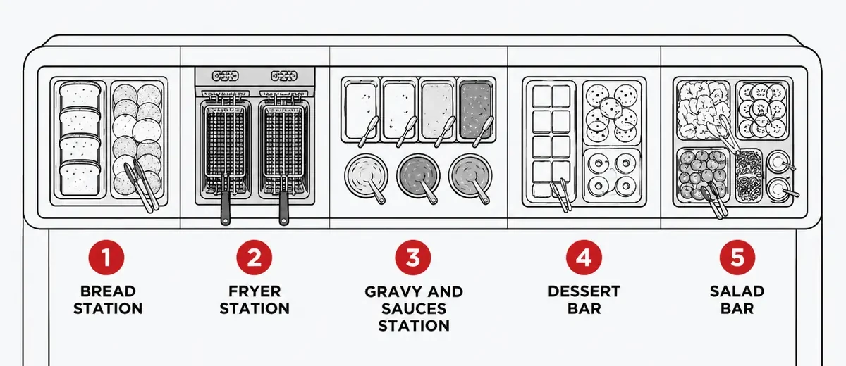 Golden Corral Gluten Free Guide: What Is Actually Safe 3 Diagram of a Golden Corral buffet line with the five highest cross contact risk stations numbered: bread, fryer, gravy and sauces, dessert bar and salad bar