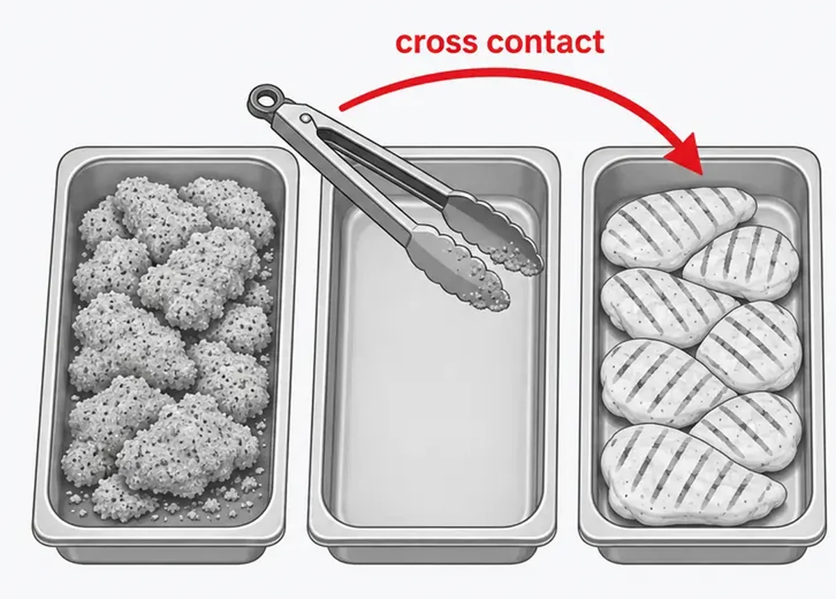 Golden Corral Gluten Free Guide: What Is Actually Safe 2 Serving tongs moving from a pan of breaded chicken to a pan of grilled chicken, showing how cross contact spreads gluten on a buffet line