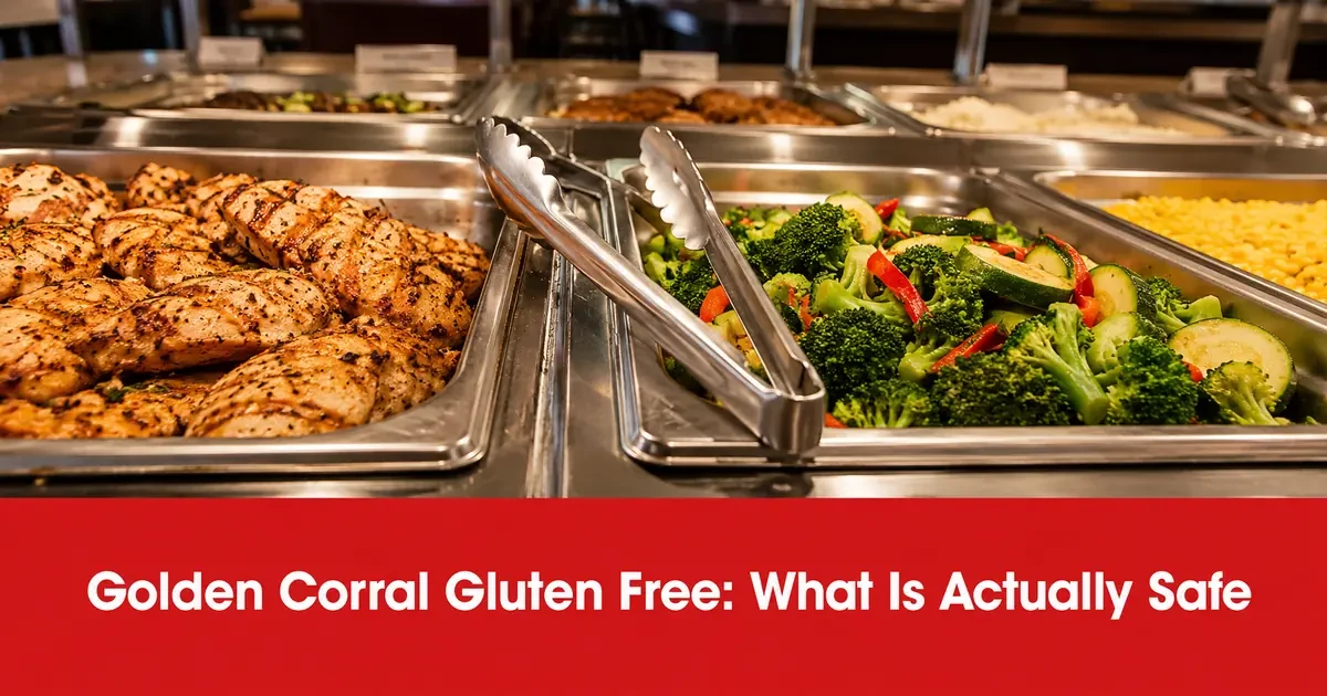 Golden Corral Gluten Free Guide: What Is Actually Safe 1 Golden Corral buffet line with shared serving tongs resting between a pan of grilled chicken and a pan of vegetables