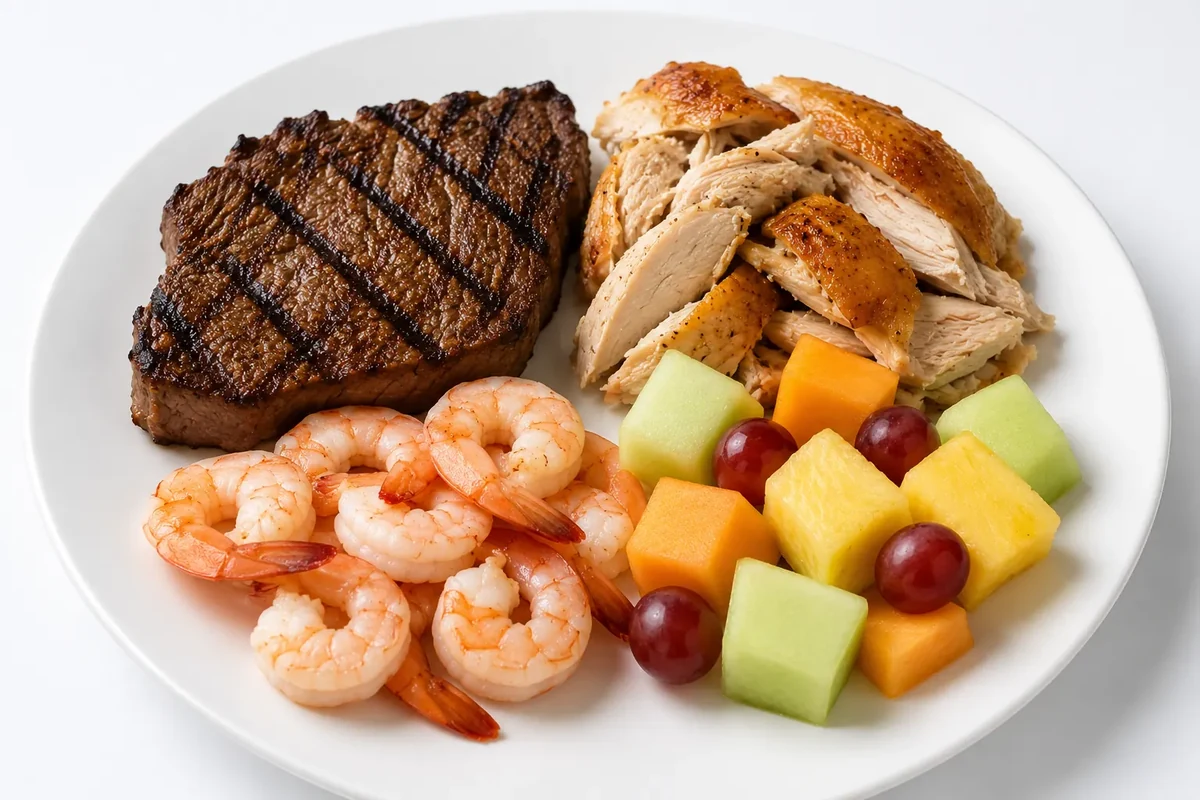 Golden Corral Gluten Free Guide: What Is Actually Safe 4 A plate of plain grilled steak, roasted chicken, peel and eat shrimp and fresh fruit, the lower risk choices on a Golden Corral buffet